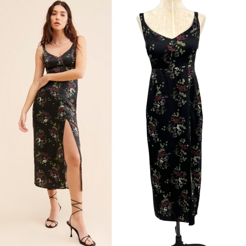 Urban Outfitters Mikayla Floral Midi Dress Cat Print Satin Black Size Small